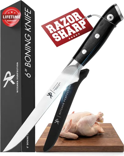 Miniatura 12 de KITCHEN PERFECTION - Cuchillo carnicero de 10" para corte y recorte de carne - Cuchillo cimitarra ultra afilado para trocear y rebanar con funda