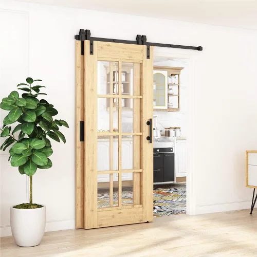 Miniatura 3 de ZEKOO Kit de Herrajes para Puerta de Granero Bypass de 5 Pies, Riel Único, Uso para Puertas de Madera Dobles, Rodillo de Riel Plano, Techo Bajo