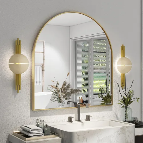 Miniatura 15 de XRAMFY Espejo de Pared Arqueado de 26" x 38" para Baño, Espejo de Tocador Dorado para Dormitorio, Sala de Estar, Entrada, Espejo Colgante Decorativo