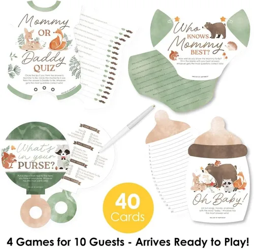 Miniatura 2 de Big Dot of Happiness Woodland Animals - Juego de baby shower, 4 actividades de fiesta diferentes (10 tarjetas cada una) – Prueba de mamá o papá