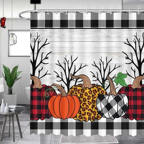 MEHOFOND Cortina de ducha de calabaza de otoño, a cuadros, madera rústica, otoño, Halloween, Acción de Gracias, cortina de tela decorativa con 12