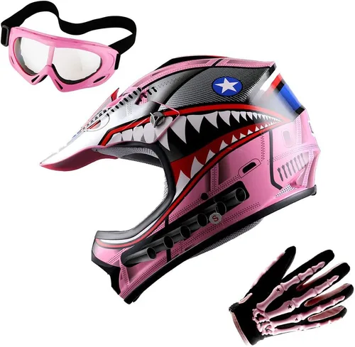 Miniatura 6 de WOW Casco de Motocross Juvenil MX BMX Casco de Bicicleta Araña Negro + Gafas + Guantes Negros Esqueleto Paquete Verde tiburón
