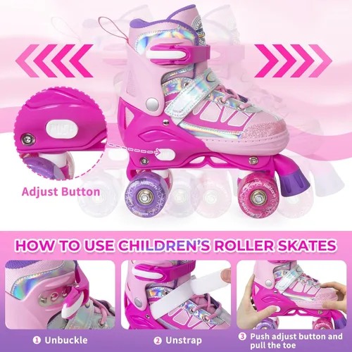 Miniatura 4 de Nattork Patines de ruedas para niños y niñas, 4 tamaños ajustables con ruedas iluminadas para niños principiantes para interiores y exteriores Rojo