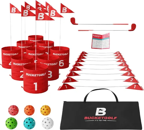bucketgolf Paquete de 9 hoyos – Juego de golf al aire libre para todas las edades. Adultos, niños, familia. Juega en cualquier lugar: patios, playa,