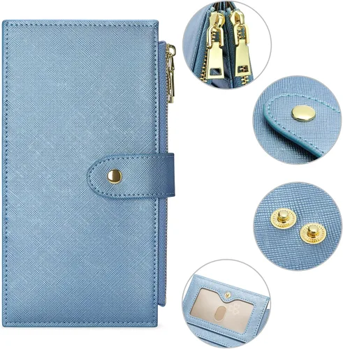 Miniatura 3 de GOIACII Cartera para mujer con bloqueo RFID plegable para tarjetas de crédito con 2 bolsillos con cremallera, B18 Azul perlado, Classic