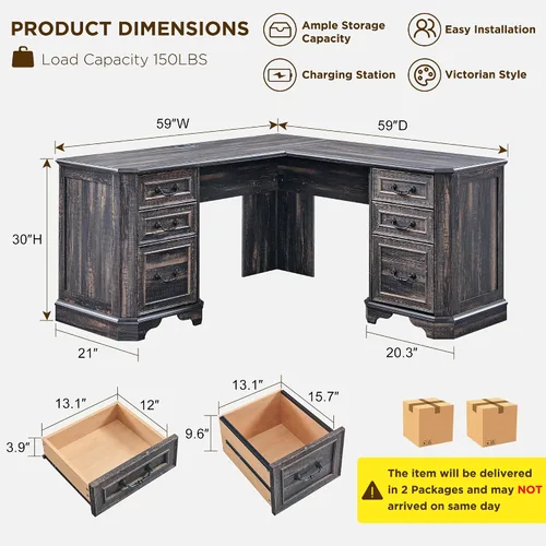 Miniatura 2 de T4TREAM - Escritorio ejecutivo en forma de L de 59 pulgadas con cajones, escritorio de computadora de madera estilo granja, con estación de carga