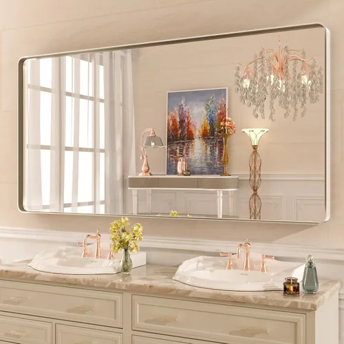 Miniatura 105 de WEER - Espejo de baño dorado, espejo de 40x32 pulgadas con marco de metal dorado cepillado, espejo de tocador de baño de oro para pared