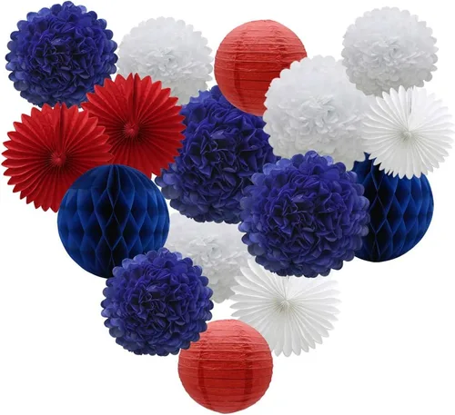 ADLKGG Juego de 16 piezas de decoración de fiesta colgante azul marino, rojo y blanco, pompones de papel de seda, flores, bolas de panal, linternas