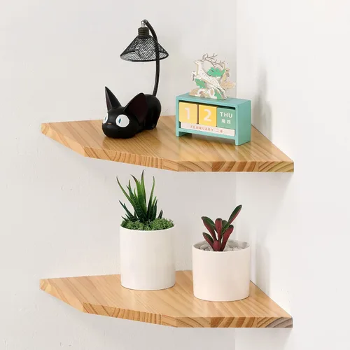 Miniatura 8 de Joiishom Juego de 2 estantes de esquina de madera maciza para pared, estantes flotantes de esquina de madera maciza para pared, estante esquinero