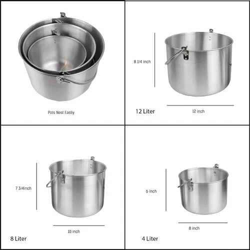 Miniatura 2 de AceCamp Juego de ollas de cocina ligeras de aluminio anidadas con tapa y mango plegable - 4L, 8L, 12L