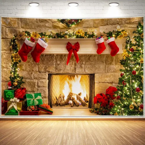 Telón de fondo de diseño de chimenea de Navidad con decoraciones de regalos, árbol y calcetines (7 x 5 pies), suave, duradero, para sesión de fotos