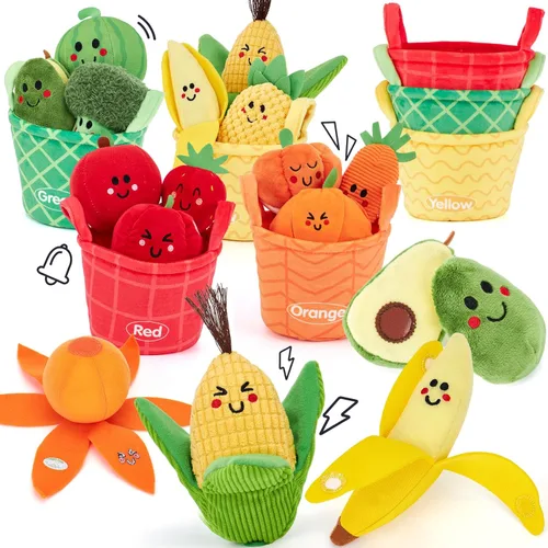 Hahaland Juguetes sensoriales para bebés - 16 piezas Mi primera fruta Verdura Clasificación de color de alimentos de juego crujiente, sonajero,