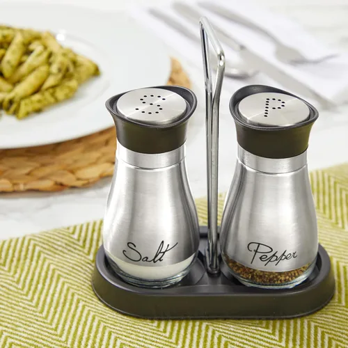 Miniatura 2 de Set de salero y pimentero – Alto grado de acero inoxidable con fondo de vidrio y 4 pies de altura – 4 x 6 x 2 pulgadas 4 onzas.