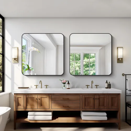 Miniatura 2 de Espejos de baño negros para pared, espejo cuadrado de 30 x 30 pulgadas, espejo de pared con marco de metal de esquina redondeada, espejo de tocador