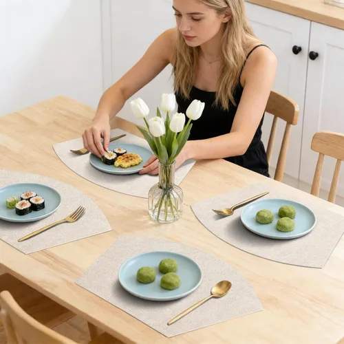 Miniatura 7 de Homaxy Juego de 4 manteles individuales para mesa redonda, lavables en forma de cuña, de piel sintética, lavables, para cocina, cena, para Beige