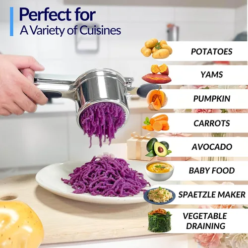 Miniatura 6 de Ricer de patatas, ricer para puré de patatas, 3 discos intercambiables Triturador de patatas de acero inoxidable para puré de patatas esponjoso