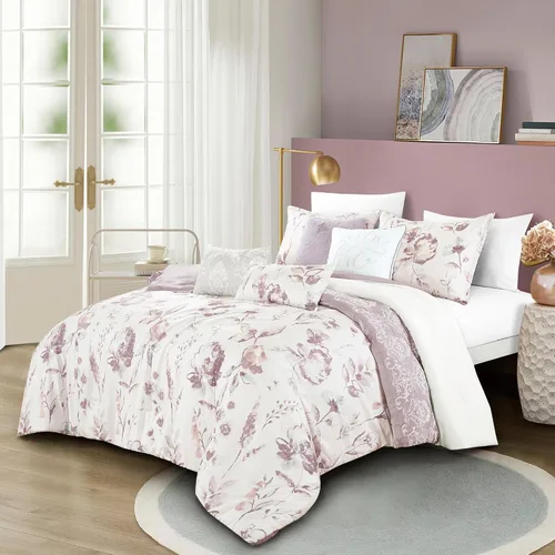 Miniatura 25 de ESCA Juego de edredón floral morado Queen - 7 piezas de ropa de cama botánica ciruela malva