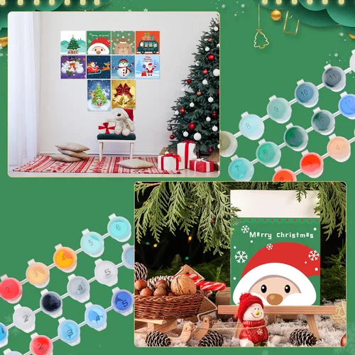 Miniatura 5 de Kosiz Paquete de 10 pinturas navideñas por números para niños y adultos, kits de pintura al óleo de 8 x 8 pulgadas, arte de lienzo de acuarela fácil