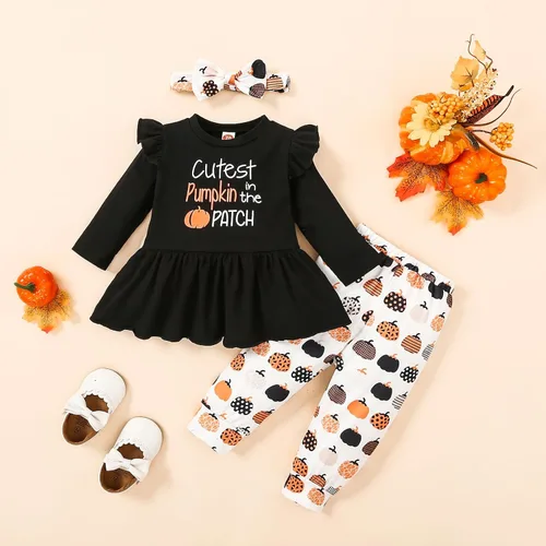 Miniatura 2 de Noubeau My 1st Halloween Baby Girl Outfits Ruffle Pumpkin Print Túnica Drees Camisa Pantalones Rayas Legging Otoño Invierno Ropa