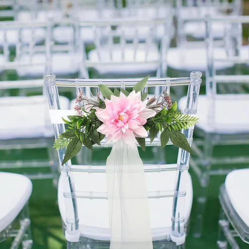 Miniatura 4 de Juego de 6 decoraciones para sillas de pasillo de boda, flores artificiales con cintas, sillas, respaldo de banco, arreglo floral para decoración