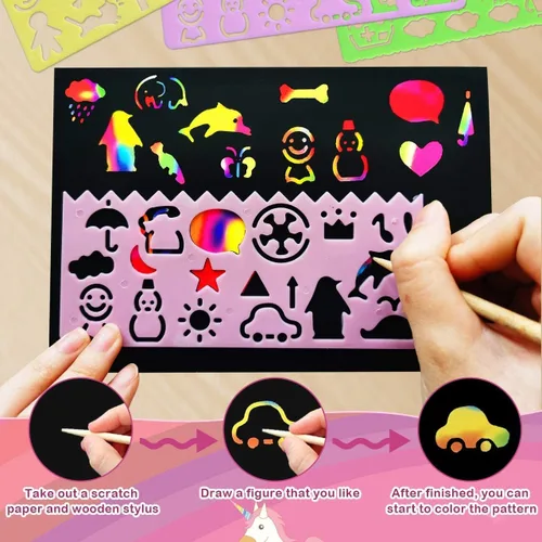 Miniatura 6 de Arte de papel para rascar arcoíris para niños: 60 piezas de manualidades mágicas, regalos para niñas y niños de 4, 5, 6, 7, 8, 9