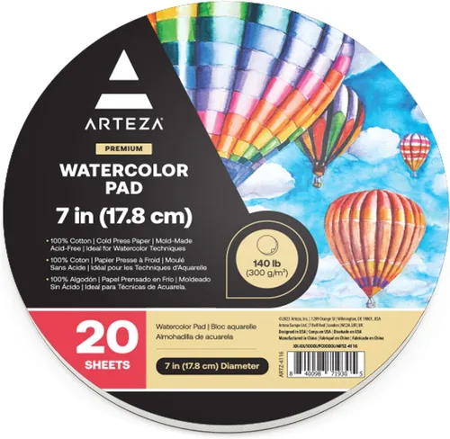 ARTEZA Papel de acuarela, 20 hojas, almohadillas de papel redondas de 7 pulgadas de diámetro, 140 lb/300 g/m², 100% algodón, papel de arte prensado