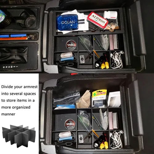 Miniatura 7 de Divisores organizadores de consola central compatibles con Ford F150 2015-2018 2019 2020 Accesorios negro ABS plástico reposabrazos caja