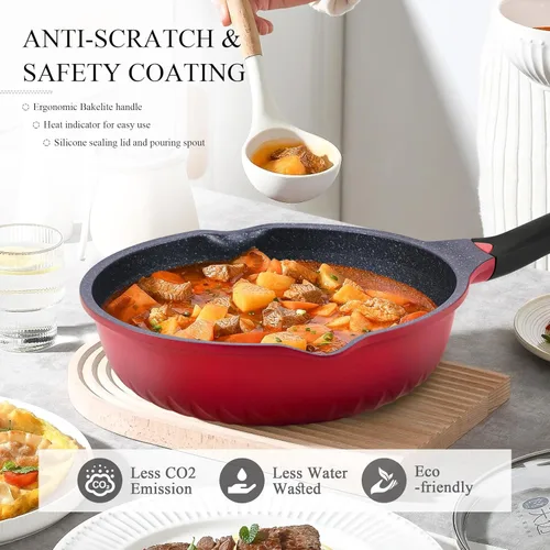 Miniatura 2 de Vinchef Sartén antiadherente con tapa, sartén de aluminio de 11 pulgadas/5 cuartos de galón con tapa e indicador de calor, sartén profunda