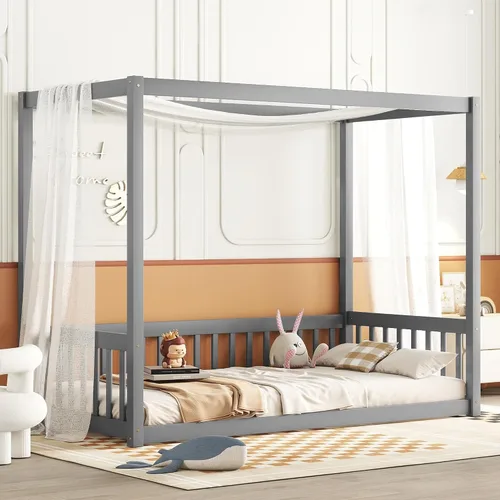 Miniatura 16 de VilroCaz Playfun - Cama de suelo tamaño individual con valla que se puede abrir, cama Montessori de metal con diseño de plataforma para niños
