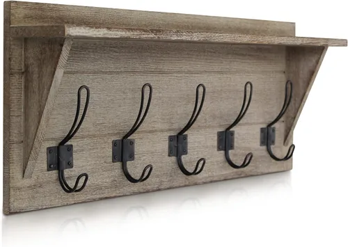 Miniatura 9 de HBCY Creations Perchero de pared de madera maciza color marrón rústico con estante, 5 ganchos, 24 pulgadas de largo, cocina, vestíbulo, entrada