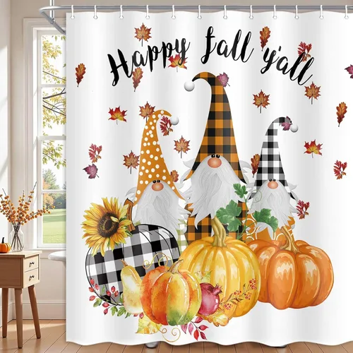 MERCHR Cortinas de ducha de otoño para baño, diseño de girasol, calabaza, gnomo, Acción de Gracias, cortinas de bañera de tela impermeable, juego de