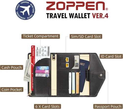 Miniatura 65 de Zoppen - Billetera de viaje con bloqueo RFID multiusos (Ver.4) Portatarjetas de pasaporte y vacunas, organizador de documentos de tres pliegues