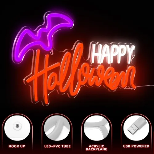 Miniatura 3 de Treela Letrero de neón de Halloween para decoración de pared, luces LED de neón para ventana, funciona con USB, murciélago iluminado para pared