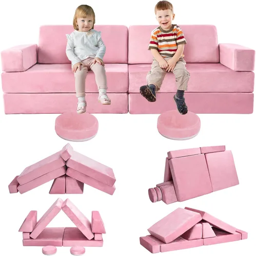 Sofá de juegos para niños, sofá de 10 piezas para sala de juegos y dormitorio, modular para jugar, crear, dormir (rosa)