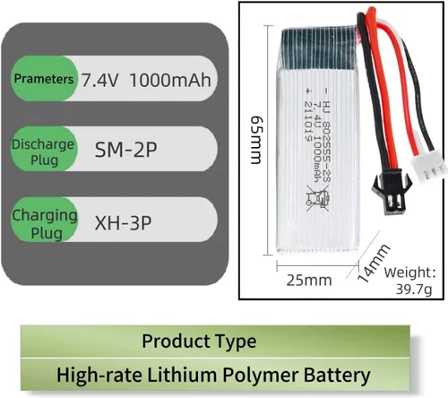 Miniatura 2 de Paquete de 2 7.4 V 1000 mAh 802555 para pistola eléctrica suave, modelo de avión, autos RC, barco RC, camión RC, FPV UAV RemoteBatería recargable