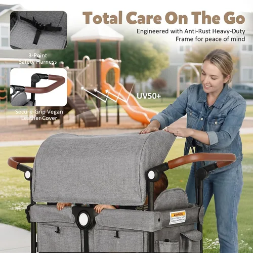 Miniatura 3 de TODEFULL Cochecito Wagon para 2 niños, carrito plegable para niños con arneses, mango doble ajustable de empuje, toldo extraíble, bandeja para Gris