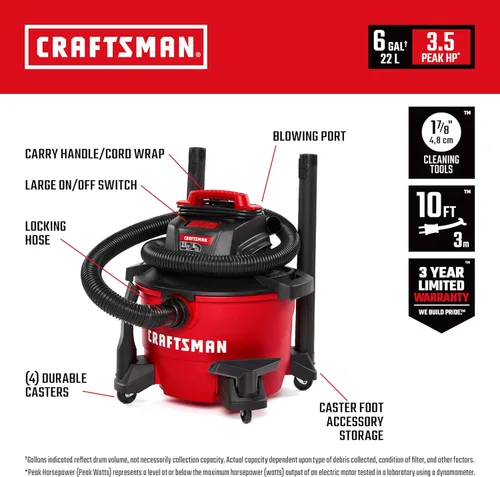 Miniatura 2 de CRAFTSMAN CMXEVBE17584 Aspiradora húmeda y seca de 6 galones, 3.5 pico de HP, aspiradora portátil para tienda húmeda y seca con filtro, bolsa