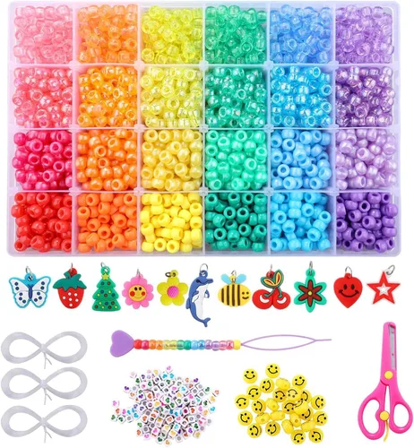 Kit de Cuentas Pony de 3277+ piezas, 24 Colores Arcoíris, Cuentas Pony de Plástico, Cuentas de Corazón, Cuerda Elástica, Cuenta Kandi para Trenzas,