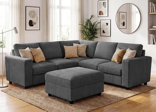 Miniatura 18 de HONBAY Sofá modular de pana con almacenamiento en forma de L para sala de estar, sofá seccional de 6 plazas, color beige