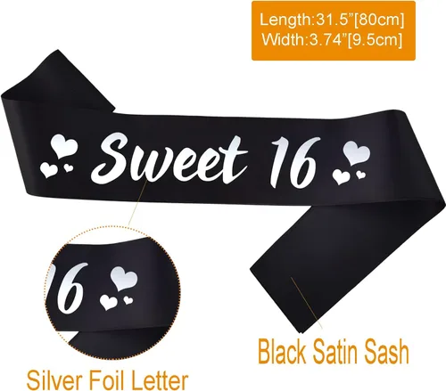 Miniatura 2 de Banda de cumpleaños de 16 años, banda de satén negro plateado con texto en inglés "Sweet 16" para niña, decoración de fiesta de cumpleaños de 16