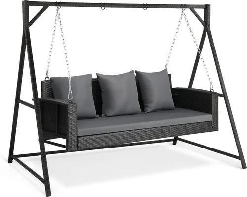 Miniatura 7 de VINGLI Columpio de mimbre para porche al aire libre con soporte, juego de ratán resistente de 800 libras con cojines, 4 pies para patio, jardín