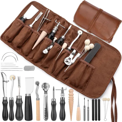 Herramientas para Trabajar Cuero, Kit de Herramientas de Artesanía en Cuero con Lezna para Perforar Agujeros y Coser, Agujas de Costura para