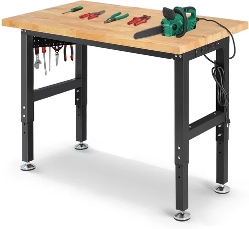 Miniatura 16 de ENJOYWOOD Mesa de trabajo para garaje de 60 pulgadas Banco de trabajo con almacenamiento Altura ajustable Tablero de madera de goma Banco de trabajo