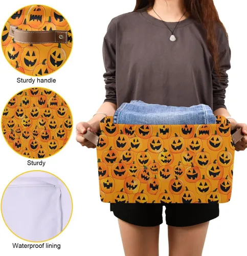 Miniatura 7 de Cesta de almacenamiento sin costuras de Halloween, bolsa organizadora plegable de tela de calabaza amarilla con asas, 15 x 11 x 9.5 pulgadas