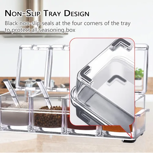 Miniatura 7 de V·RESOURCING Caja de condimentos transparente, 3 piezas de recipientes de especias con soporte para condimentos, sal y azúcar, con 3 cucharas