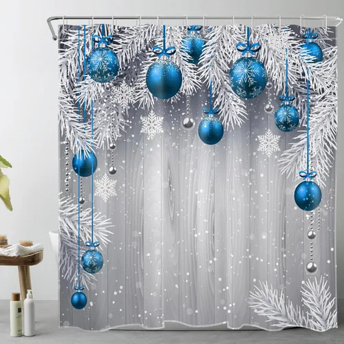 Miniatura 15 de LB Pink Christmas Shower Curtain Sets with Rugs Snowflake and Fir Twigs with Xmas Ball on Rustic Grey Wood Fabric Shower Curtain with Hooks Winter