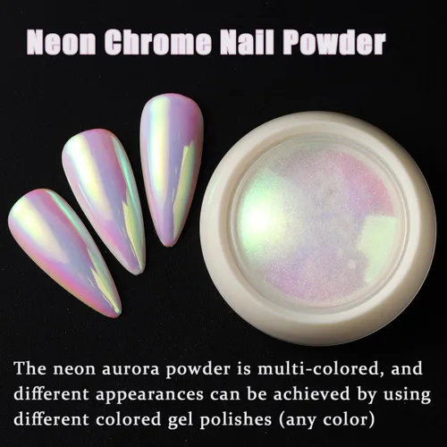 Miniatura 9 de Polvo de uñas cromado de unicornio, perla de neón, iridiscente, efecto de espejo metálico, arco iris, sirena, purpurina, kit de polvo de pigmento