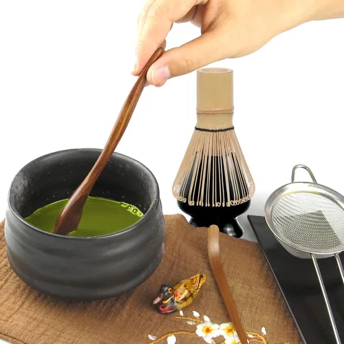 Miniatura 7 de Artcome Juego de té matcha japonés de 10 piezas, cuenco matcha, batidor, cuchara, paño, soporte de bambú, organizador de polvo, colador (negro)