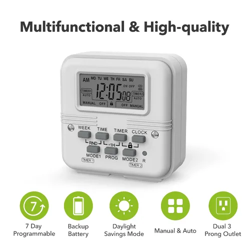 Miniatura 7 de BN-LINK Temporizador de luz digital para interiores, enchufe programable de 7 días con 2 salidas independientes de 3 clavijas, para lámparas