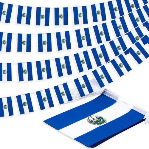 Bandera de cuerda de El Salvador, pequeña bandera de mini banderines salvadoreños, decoración nacional del país para escuela, fiesta, eventos